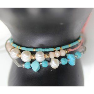By JOHANNE France silk cord turquoise bead bracelet + 2 turquoise pearl bracelet